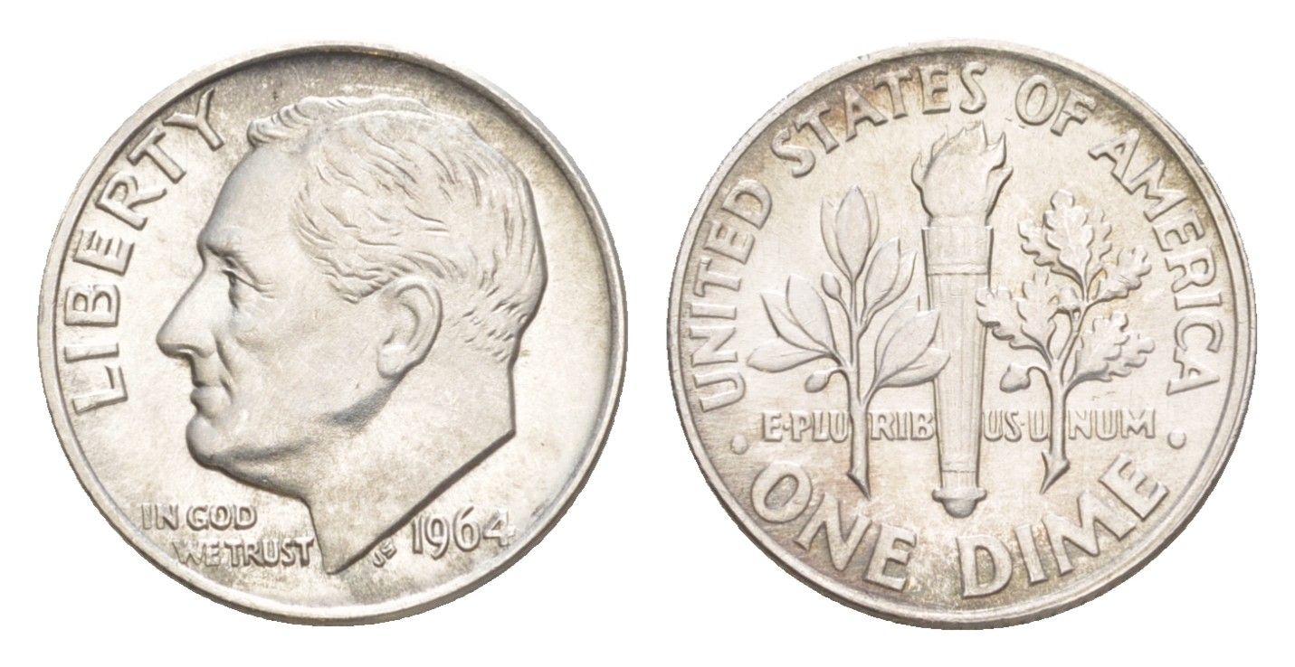 США 1 дайм (10 центов) 1964 KM 195 серебро aUNC 4639-229