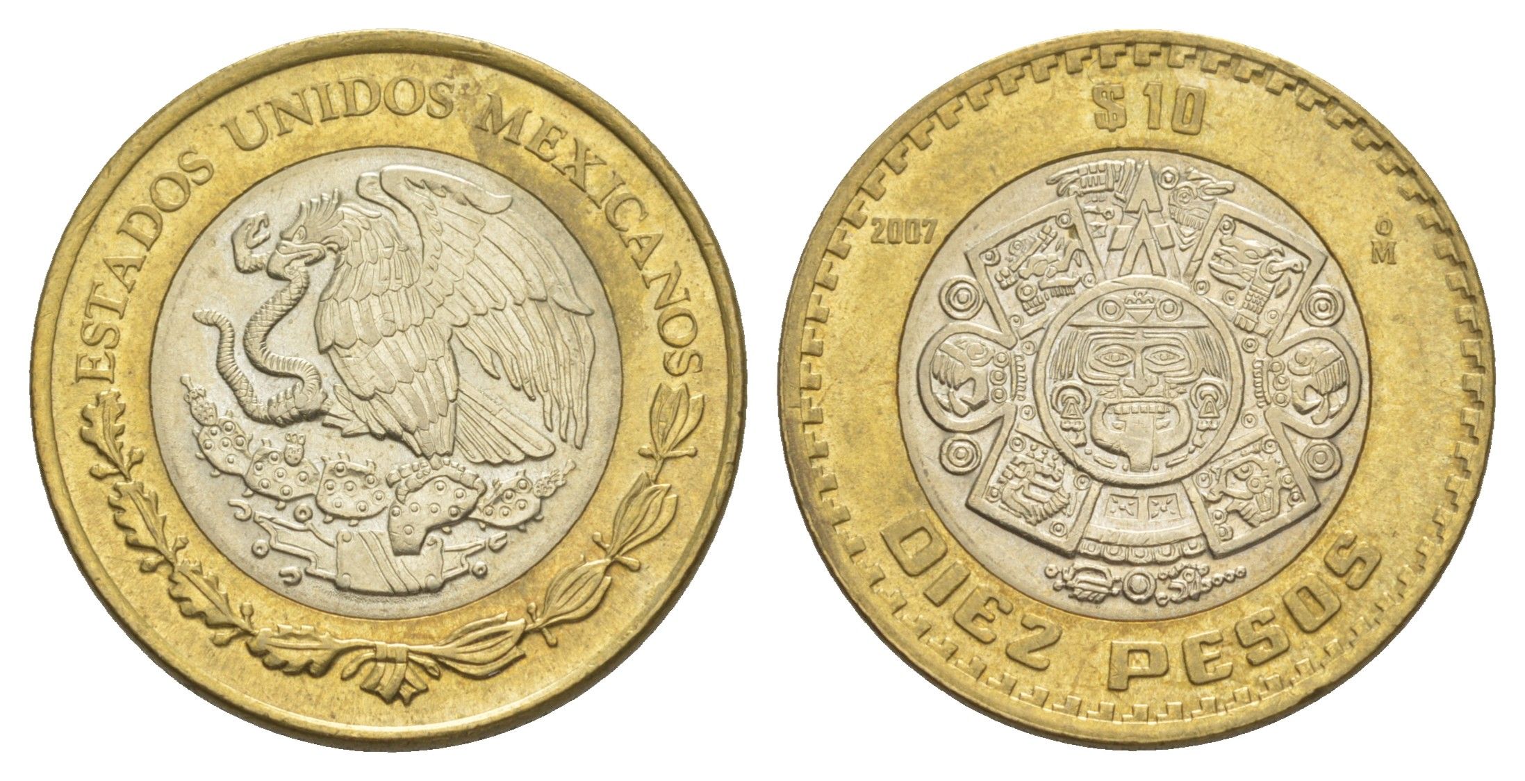 Мексика 10 песо 2007 Мо, бог Тонатиуха с огненной маской KM 616 биметалл aUNC 4637-725