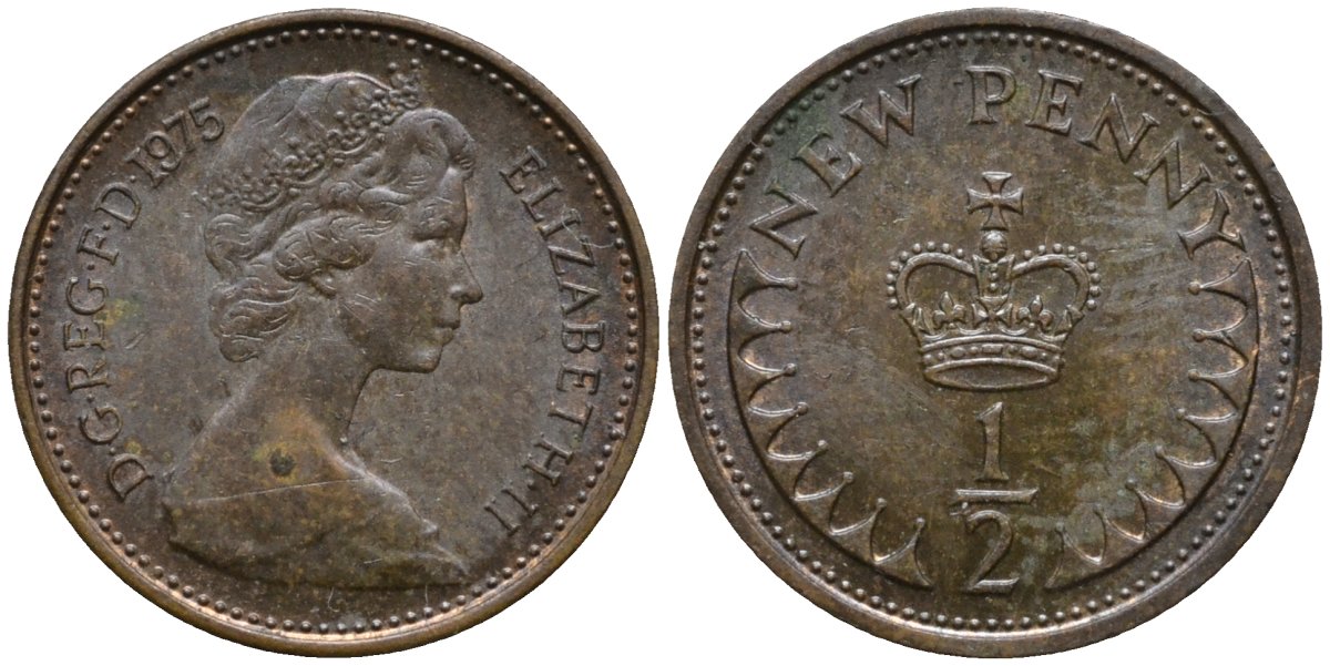 Великобритания 1/2 пенни 1975 Елизавета II (1952-2022) KM 914, Spink 4239 бронза 4181-1148
