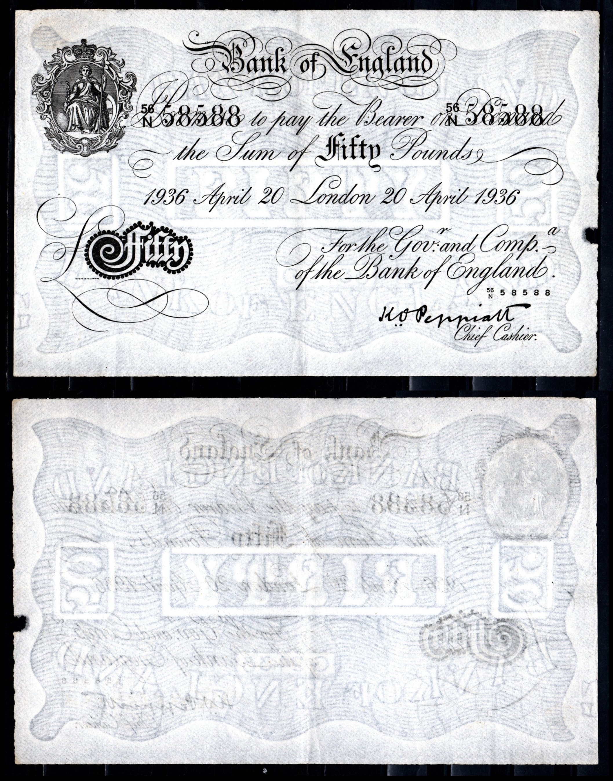 Англия 50 фунтов 1936 Лондон, 20 апреля, Операция "Бернхард", фальшивка в ущерб денежному обращению Pick 338  бумага   451-1264-1
