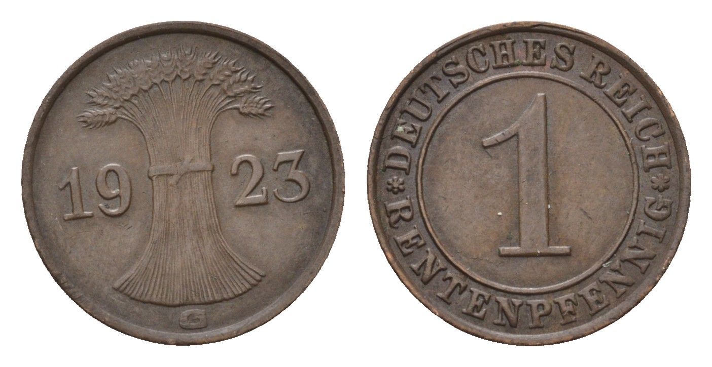 Германия 1 рентенпфенниг 1923 G KM 30, J. 306 бронза 4696-556