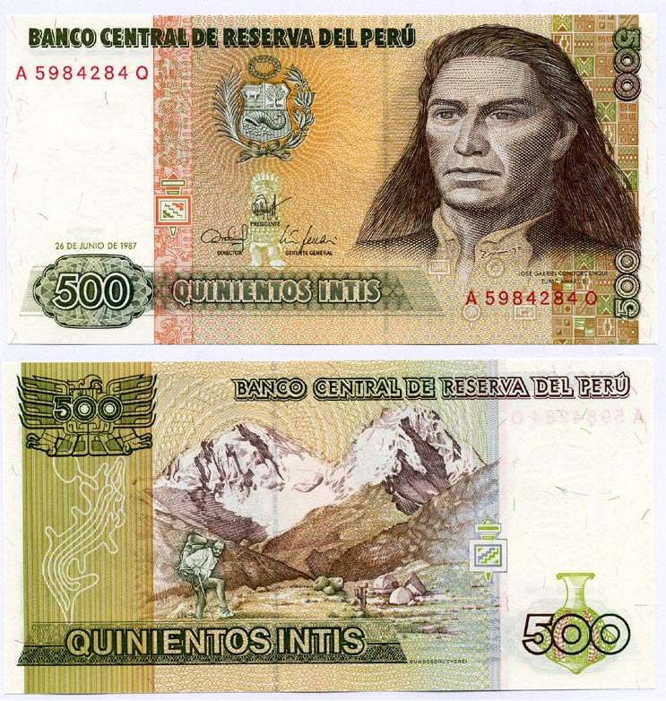 Перу 500 инти 1987 Хосе Габриель, Тупак Амару II, южноамериканский революционер, организатор восстания коренных народов против испанских колониальных властей в перу, альпинисты на восхождении, буклет Pick 134b бумага UNC (пресс) 7150-6