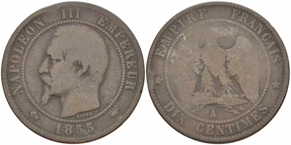 Франция 10 сантимов 1855 A, Наполеон III (1852-1870) KM 771.1, Le Franc 133.19 бронза    4680-533