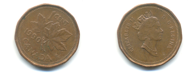КАНАДА 1 ЦЕНТ 1990 КЛЕНОВЫЙ ЛИСТ KM 181 бронза 177-1427
