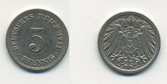Германия 5 пфеннигов 1911 A KM 11, J. 12, Weege 6 медно-никель 25-826