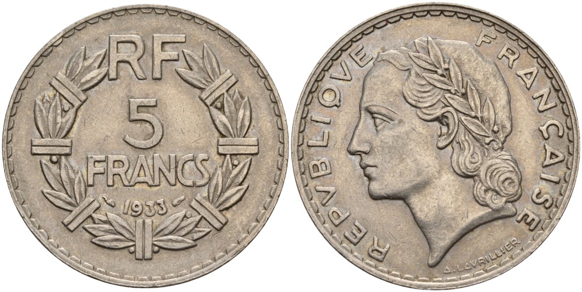 Франция 5 франков 1933 KM 888 никель 4144-346