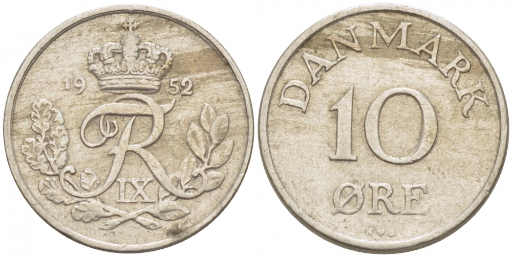 ДАНИЯ 10 ЭРЕ 1952 N; S, ФРЕДЕРИК IX (1947-1972) KM 841.1 медно-никель 3309-617