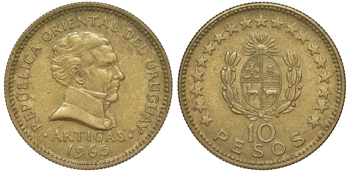 Уругвай 10 песо 1965 KM 48 алюминиевая бронза 4572-822