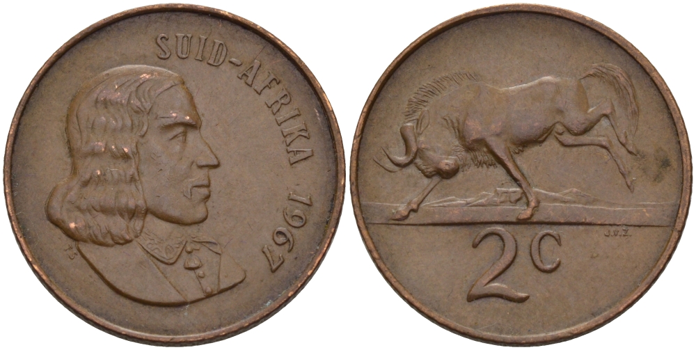 ЮАР 2 цента 1967 Ян ван Рибек (1619-1677), Suid Africa, легенда на африкаанс, антилопа гну KM 66.2 бронза aUNC 67-313