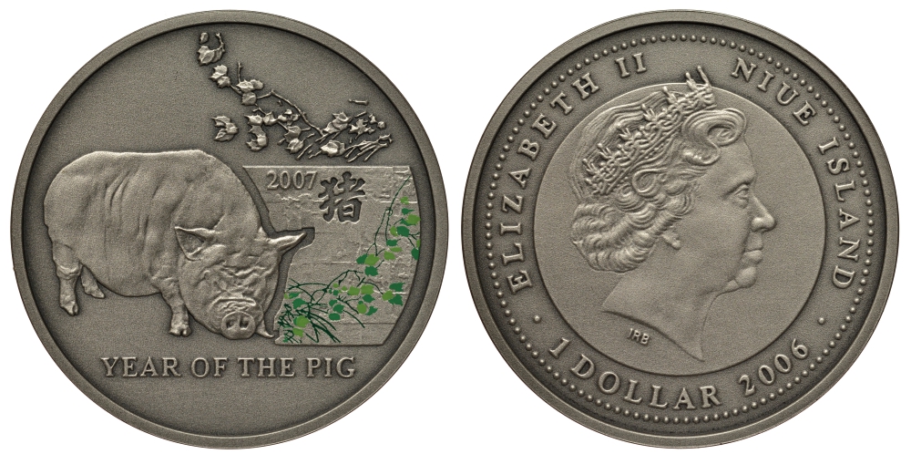 Ниуэ 1 доллар 2006 Китайский гороскоп - год свиньи, тираж 5.000 экземпляров KM 331 серебро BU 1066-3-25