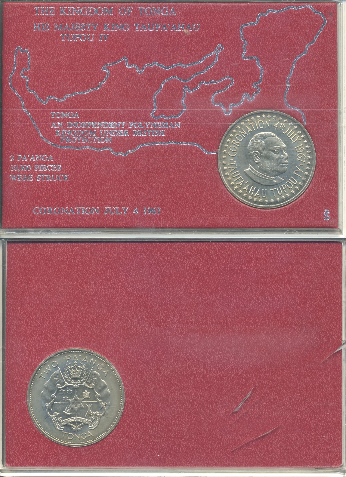 Тонга 2 паанга 1967 4 июля 1967 коронация Тауфа’ахау Тупоу IV, в оригинальном блистере KM 19 медно-никель  UNC  7-4-84