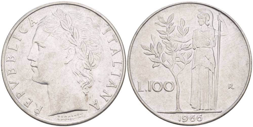 ИТАЛИЯ 100 ЛИР 1966 R, АФИНА У ОЛИВКОВОГО ДЕРЕВА KM 96.1 нержавеющая сталь 4545-635