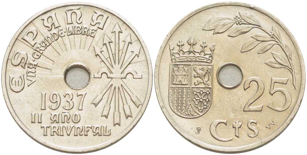 Испания 25 сентимо 1937 год тип KM 753 медно-никель UNC 65-812