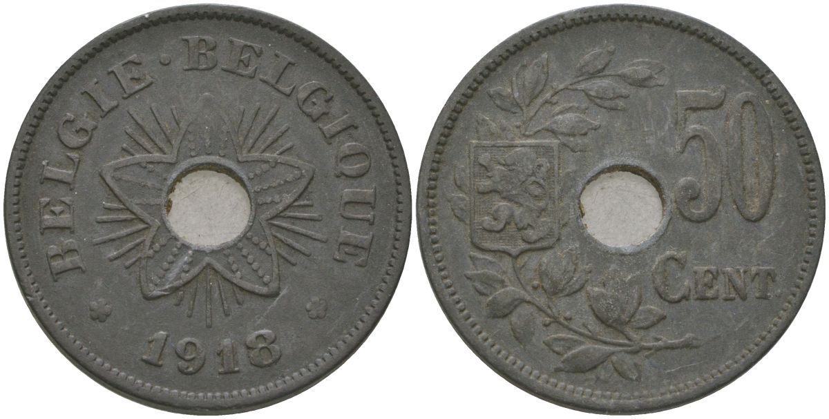 Бельгия 50 сантимов 1918 Альберт I (1909-1934) KM 83 цинк 4620-724