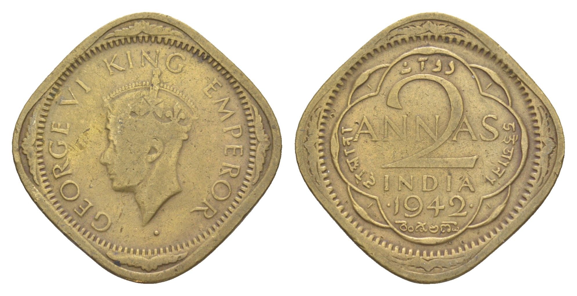 Британская Индия 2 анны 1942 Георг VI (1936-1952) KM 541a никель латунь 4650-947