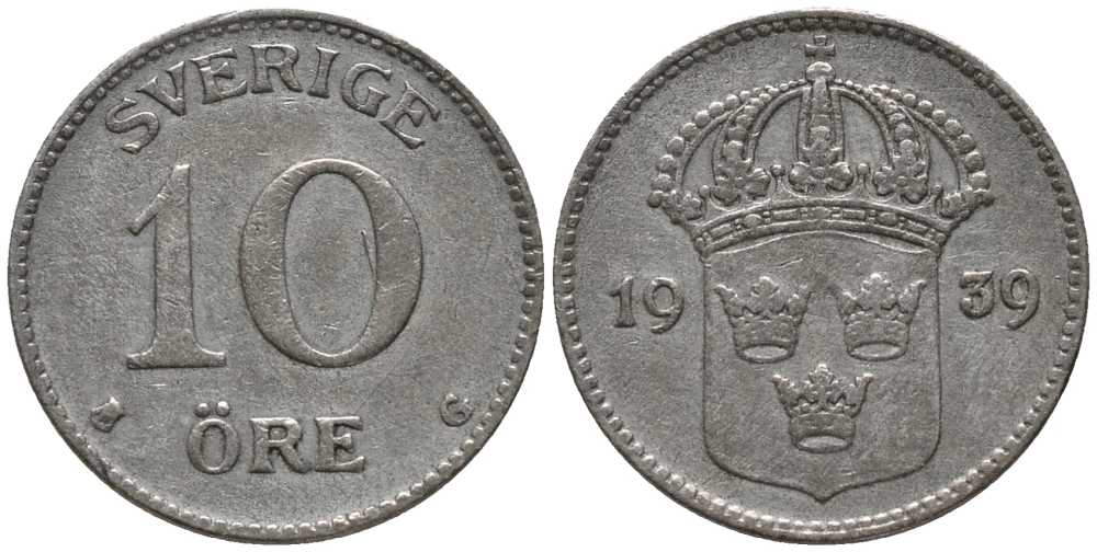 Швеция 10 эре 1939 G, Густав V (1907-1950) КМ 780 серебро 201-1058
