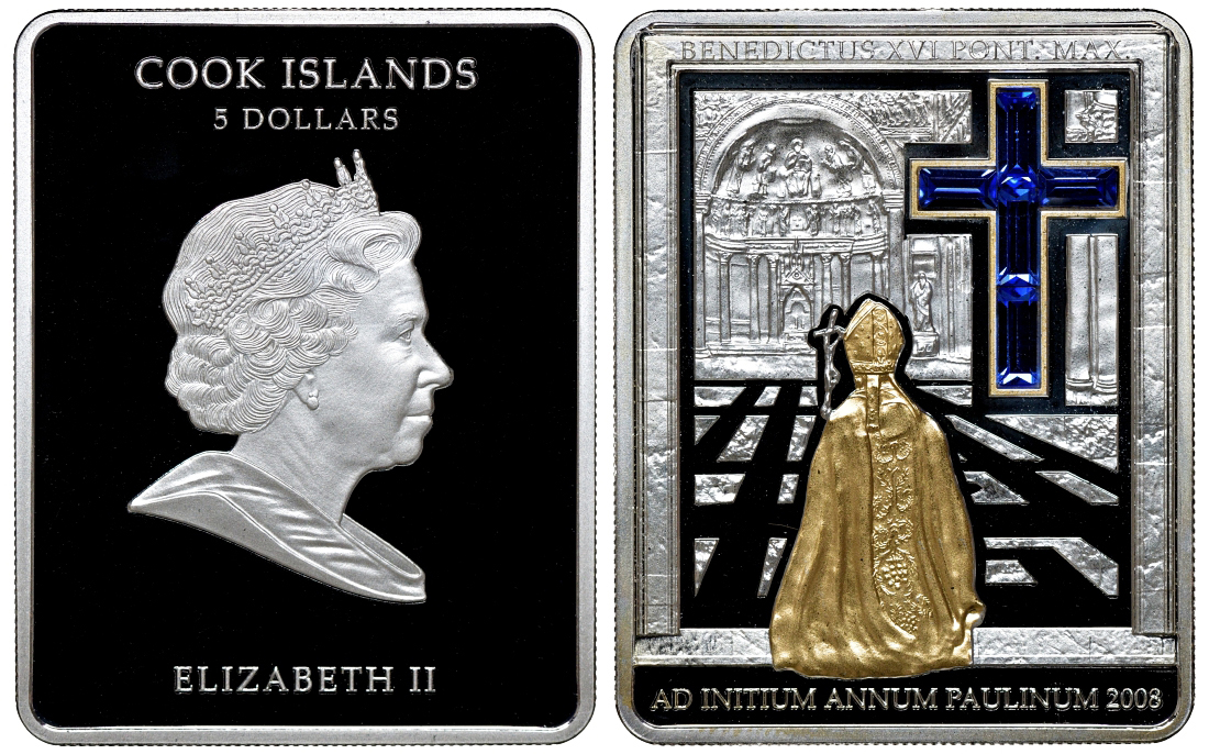 Острова Кука 5 долларов 2008 Папа Римский, распятие, синий крест, стразы, позолота серебро PROOF 11-041-34
