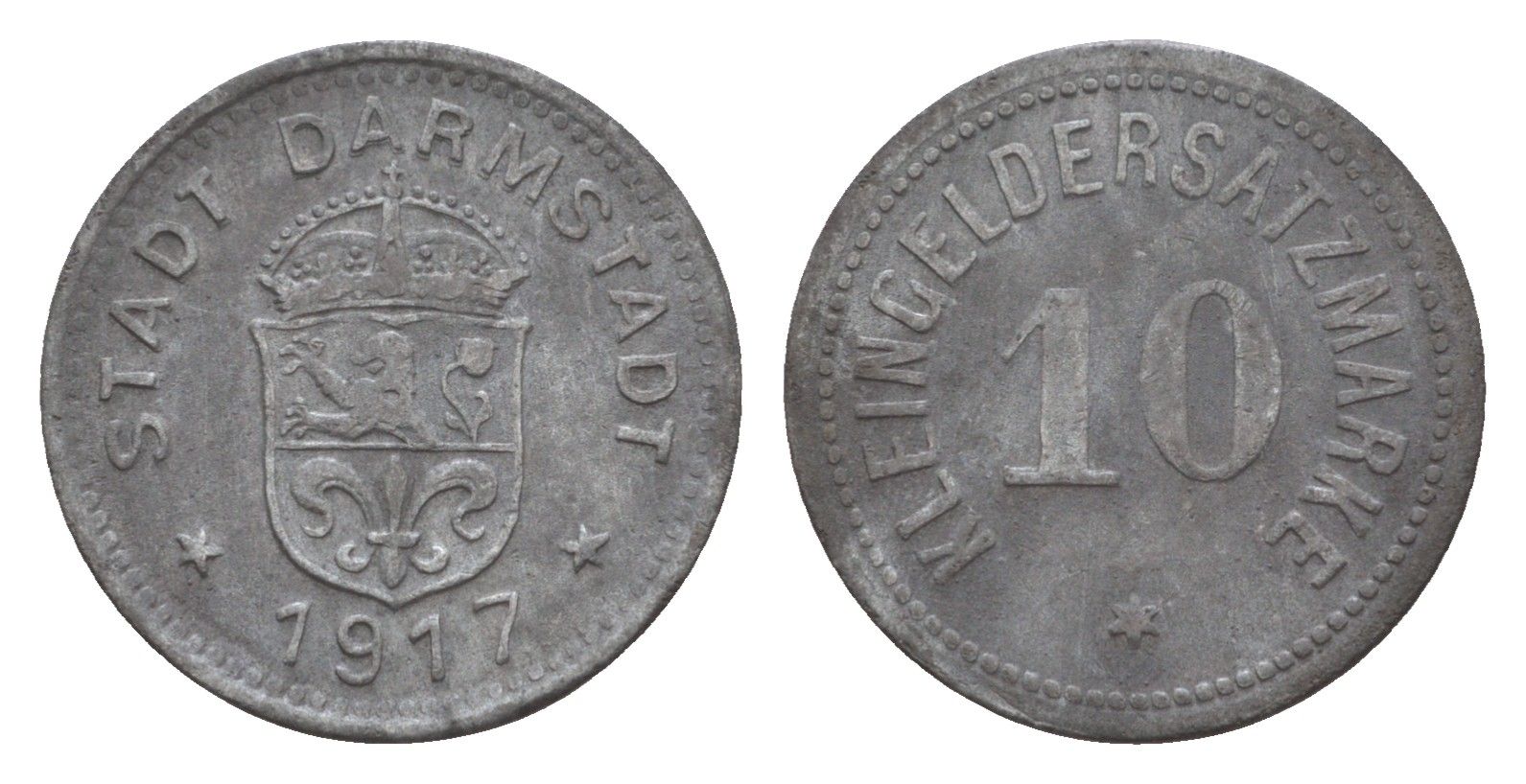 Дармштадт 10 пфеннигов 1917 Funck 88.1A, Men05 4934.1, Men18 6167.1 цинк 4659-261