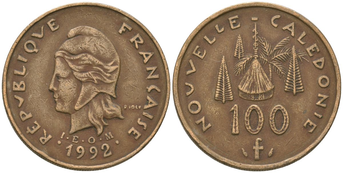 Французская Новая Каледония 100 франков 1992 хижина среди сосен и пальм, (IEOM) KM 15, Schoen 16, Lec 137 никель бронза 88-821