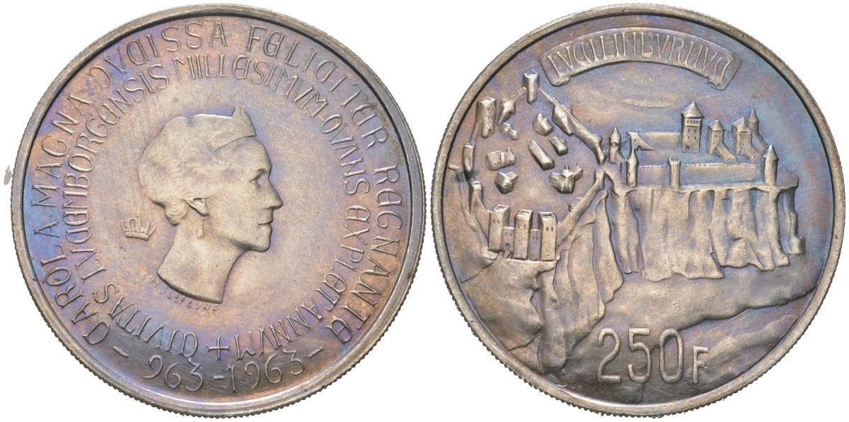 Люксембург 250 франков 1963 1000 лет Люксембургу, Шарлотта (1919-1964) KM 53 серебро 107-912
