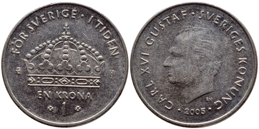 Швеция 1 крона 2005 Карл XVI Густав (1973- ) KM 894 медно-никель 93-533