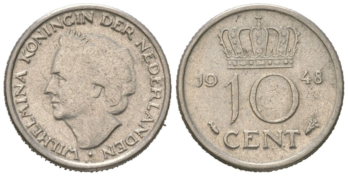 Нидерланды 10 центов 1948 Вильгельмина (1895-1948) KM 177 никель 4174-816