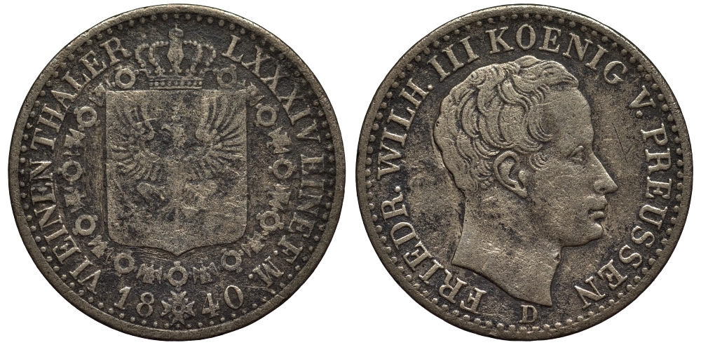 Пруссия 1/6 талера 1840 D, ФРИДРИХ ВИЛЬГЕЛЬМ III (1797-1840) KM 411 серебро 00-00