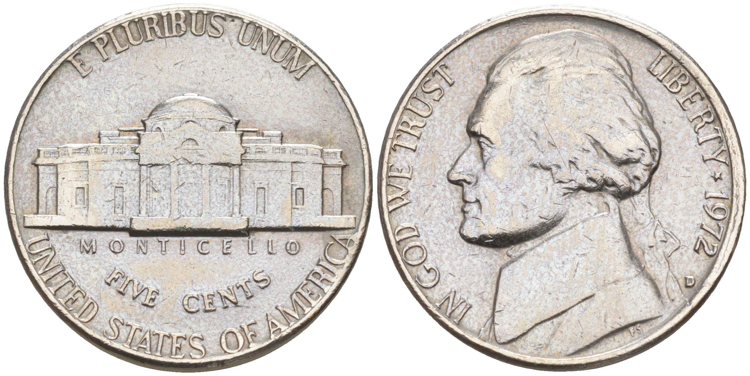 США 5 ЦЕНТОВ 1972 D ДЖЕФФЕРСОН KM A192 медно-никель 190-117