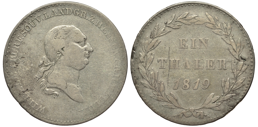 Гессен-Кассель 1 талер 1819 Вильгельм I (1813-1821) КМ 568, Dav. 690 серебро 00-00-00
