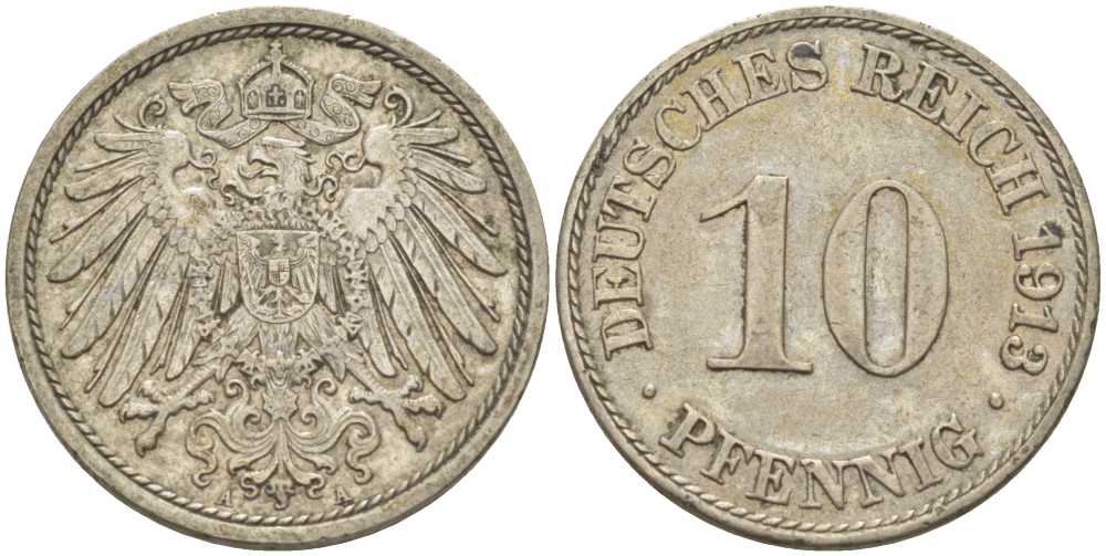 ГЕРМАНИЯ 10 ПФЕННИГОВ 1913 A KM 12, J. 13, Weege 8 медно-никель 212-241