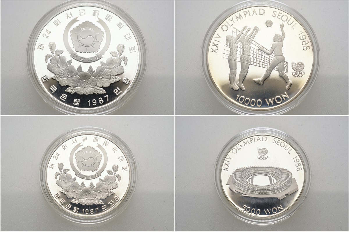 Южная корея набор из 2 монет 1987 5000, 10000 вон, олимпийские игры в Сеуле, стадион, волейбол, коробка, сертификат KM 60, 63 серебро PROOF 3-4-9-15