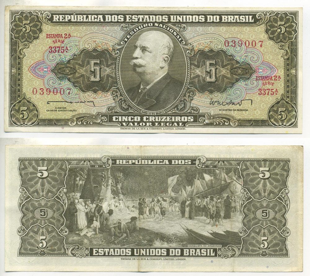 БРАЗИЛИЯ 5 КРУЗЕЙРО 1962 ПОДПИСЬ 11, БАРАО ДО РИО БРАНКО Pick 176a бумага 3295-1-1