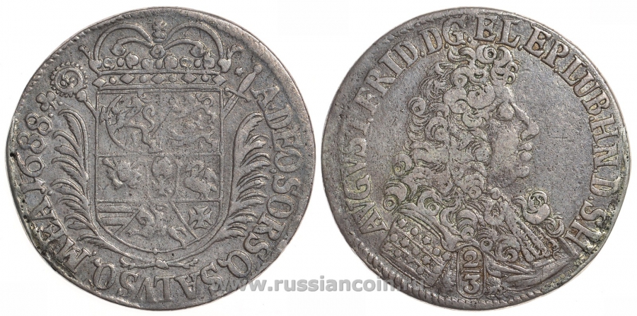 Любек 2/3 талера 1688 епископ Август Фридрих Гольштейн-Готторпский (1646-1705) Dav. 621, KM 62 серебро 00-000-00