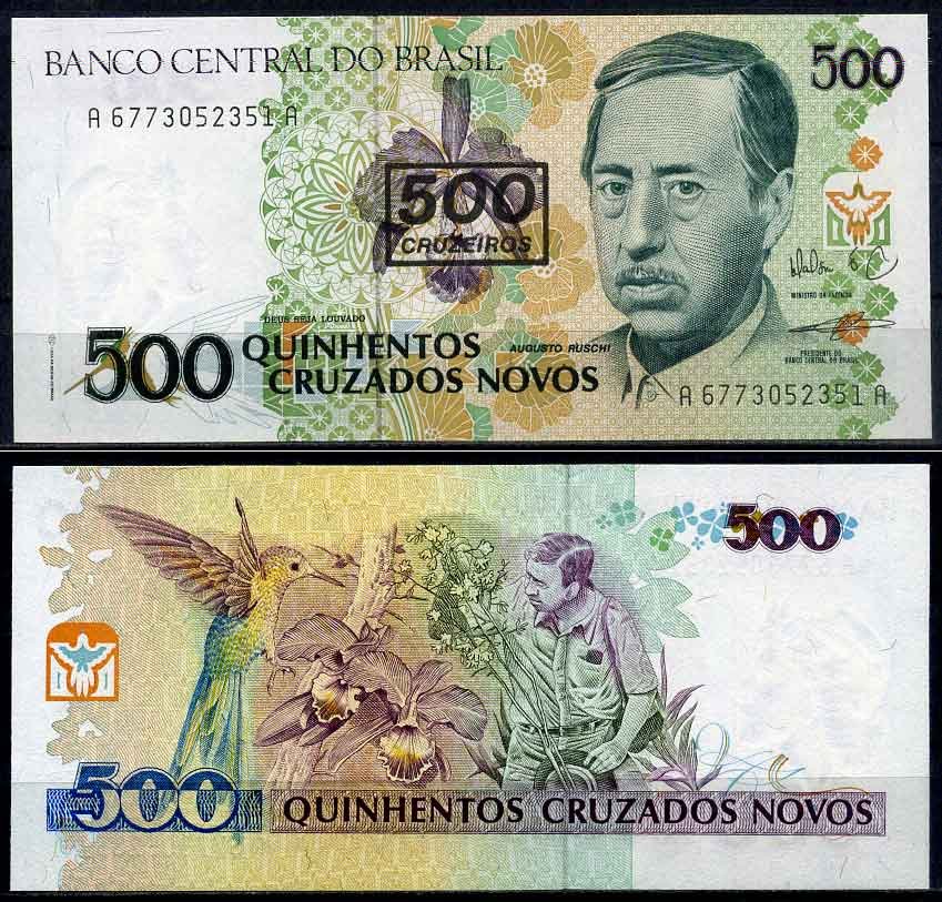 Бразилия 500 крузейро 1989 надпечатка на 500 крузадо, серия А 6773, Аугусто Руши, биолог Pick 226 b бумага UNC (пресс) 2197-46-2-2