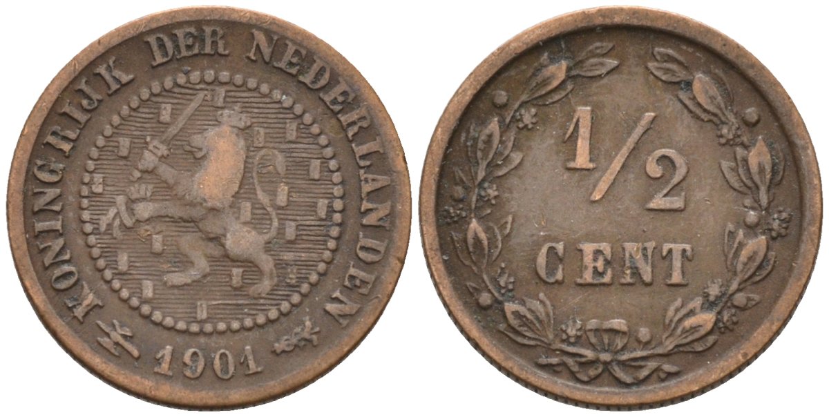 Нидерланды 1/2 цента 1901 Вильгельмина (1890-1948) KM 109 бронза 4576-318