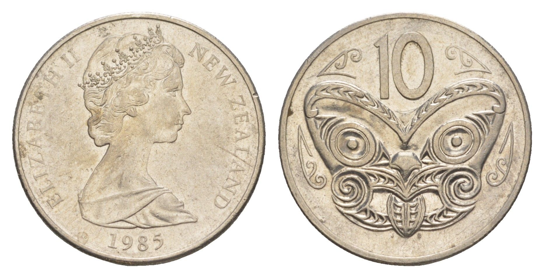 Новая Зеландия 10 центов 1985 Елизавета II (1952-2022), маска маори KM 41 медно-никель 4652-647