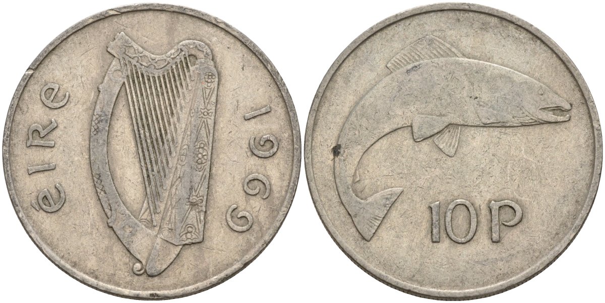 Ирландия 10 пенсов 1969 лосось KM 23 медно-никель 4144-1014