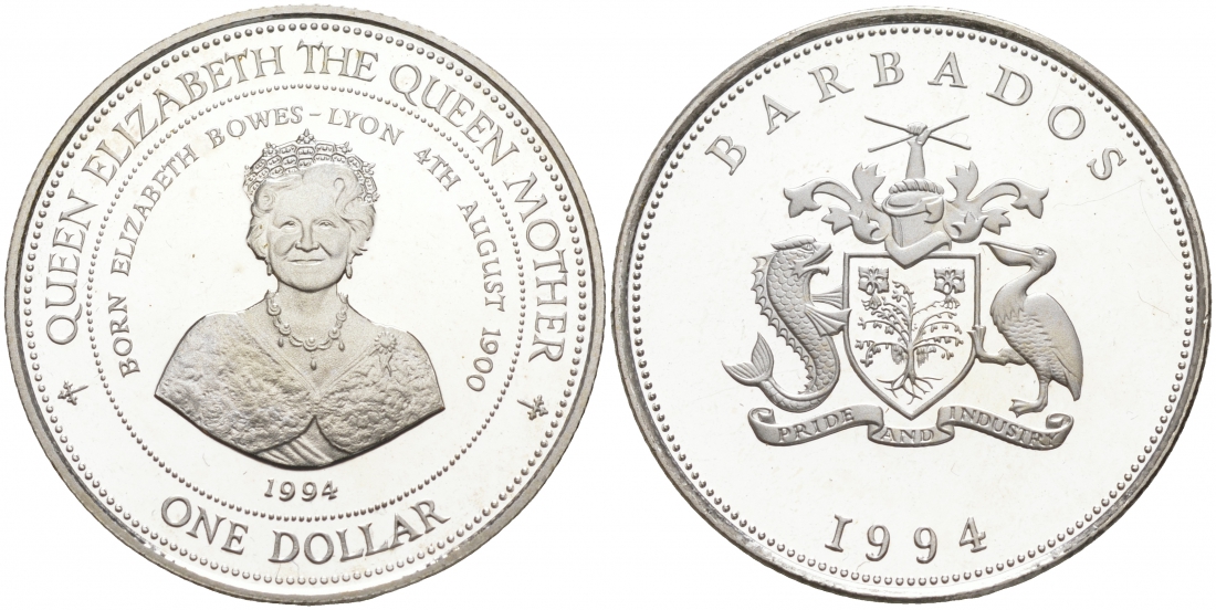 Барбадос 1 доллар 1994 94 года со дня рождения Королевы матери KM 57 серебро PROOF 1066-1-36