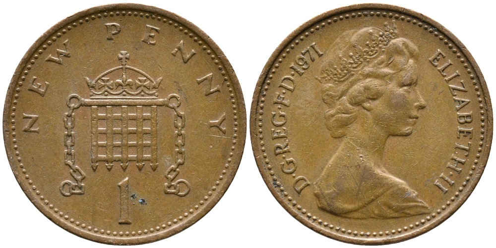 Великобритания 1 пенни 1971 Елизавета II (1952-2022) KM 915, Spink 4237 (B1) бронза 100-542