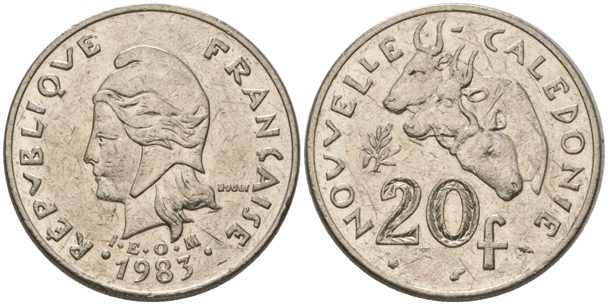 Французская Новая Каледония 20 франков 1983 три быка, (IEOM) KM 12, Schoen 14, Lec 111 никель 4120-734