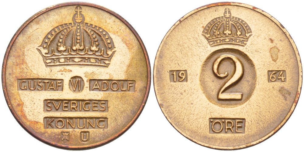 Швеция 2 эре 1964 U, Густав VI Адольф (1950-1973) KM 821 бронза 4548-411