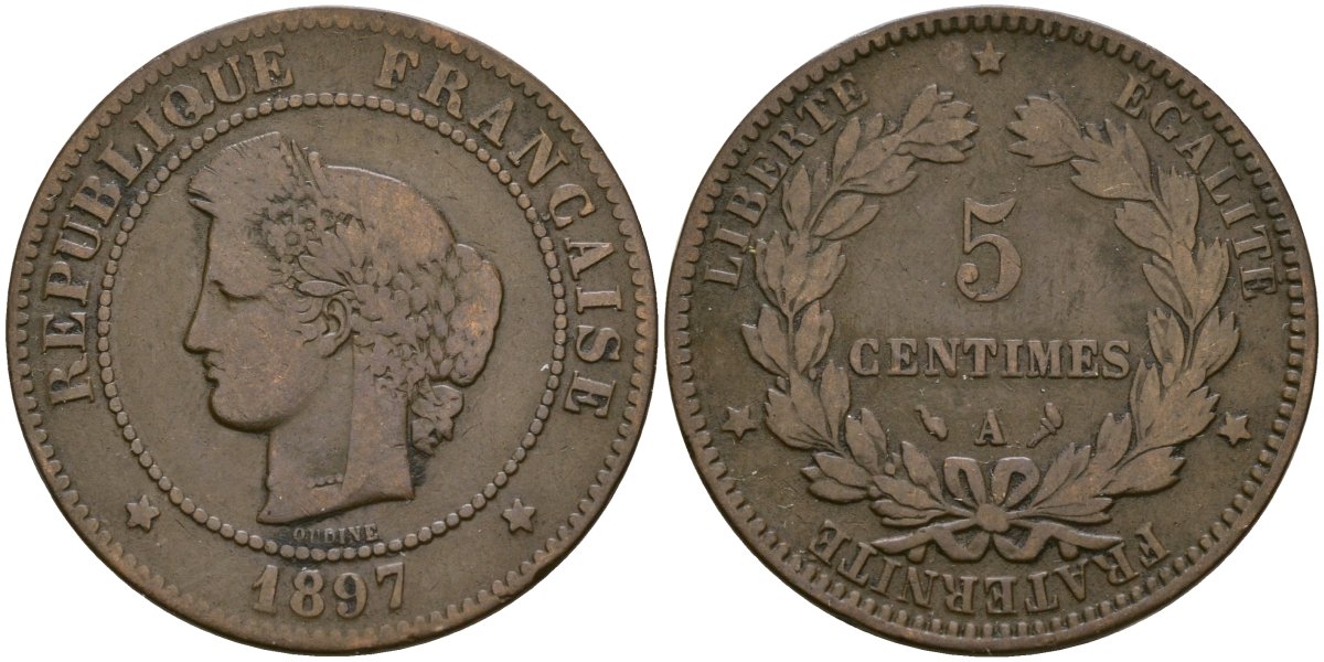 Франция 5 сантимов 1897 A, Третья республика (1871-1940) KM 821.1, Le Franc 118.6 бронза 51-821