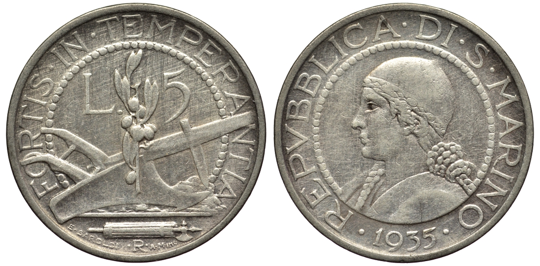 САН-МАРИНО 5 ЛИР 1935 KM 9 серебро 27-143