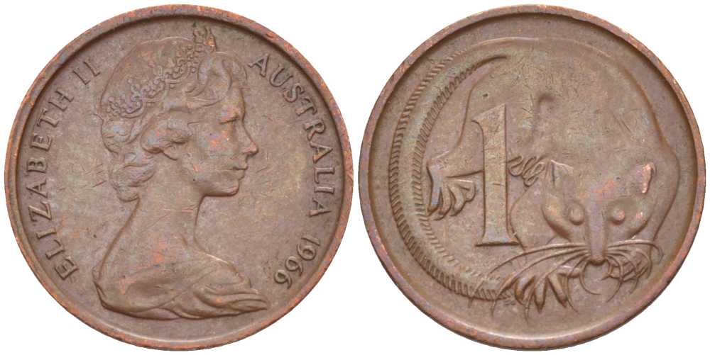 АВСТРАЛИЯ 1 ЦЕНТ 1966 ЕЛИЗАВЕТА II, МОЛОДОЙ ПОРТРЕТ, ОПОССУМ KM 62 бронза 100-714