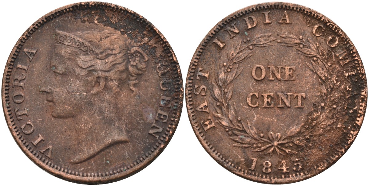 Стрейтс-Сетлментс 1 цент 1845 Виктория (1837-1901), Ост-Индская компания KM 3 медь 4590-116