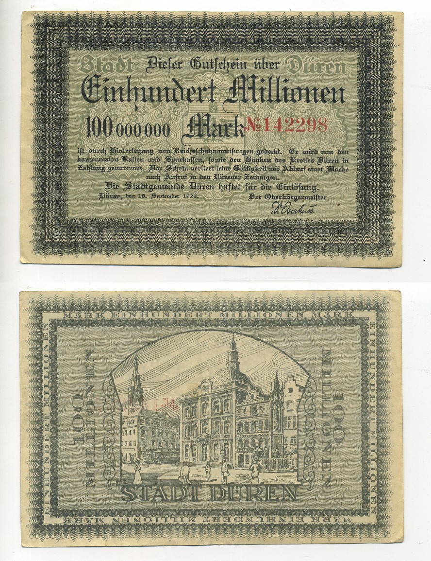 ДЮРЕН 100000000 МАРОК 1923 НОТГЕЛЬД, 18 СЕНТЯБРЯ 1923 бумага 6289-14-2
