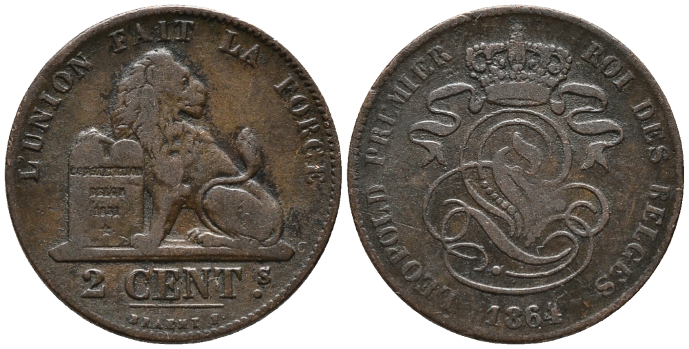 БЕЛЬГИЯ 2 САНТИМА 1864/1 BELGES KM 4.2 медь 34-1115