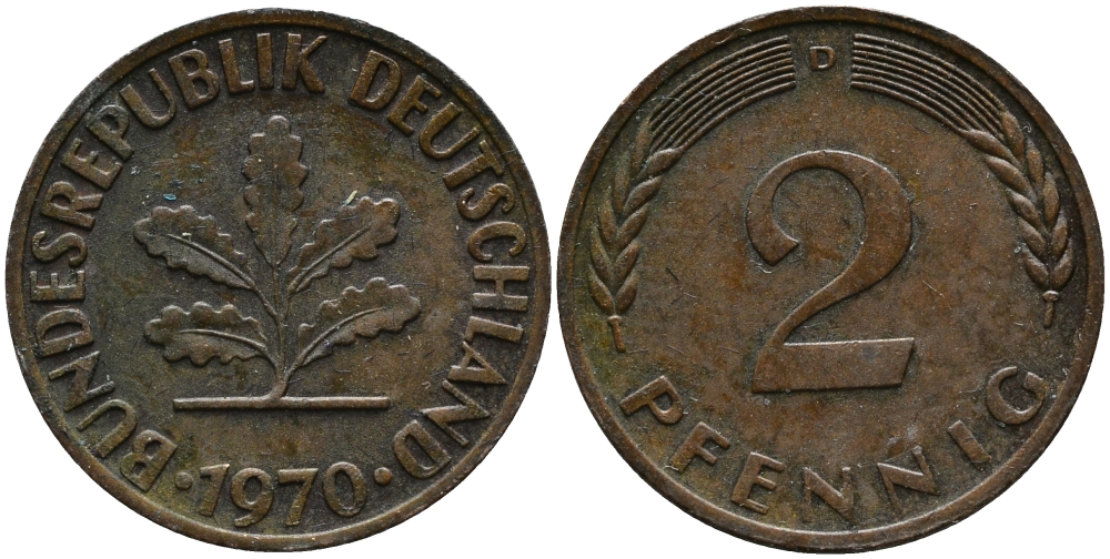 ФРГ 2 пфеннига 1970 D KM 106а, J.381а сталь плакированная медью 99-164
