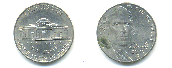 США 5 центов 2006 P, Джефферсон KM 381 медно-никель 86-651