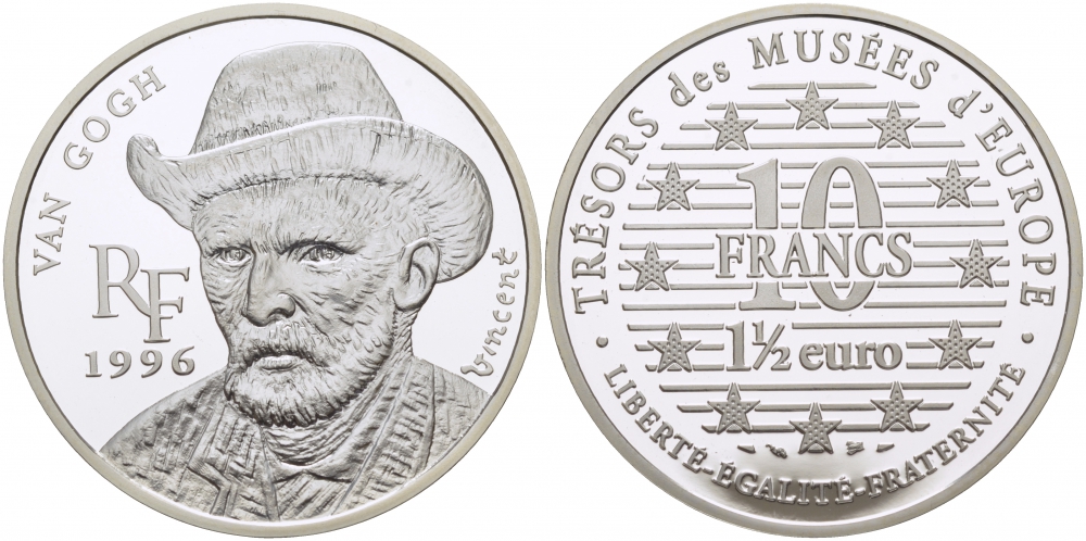 Франция 10 франков = 1 1/2 евро 1996 серия сокровища музеев Европы, Винсент Ван Гог KM 1147 серебро PROOF 1077-9-42